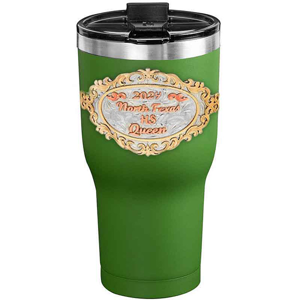 A customized tumbler made of stainless steel with a personalized engraved initials and North Texas High School Queen lettering, 30 oz, ideal for coffee or cool drinks